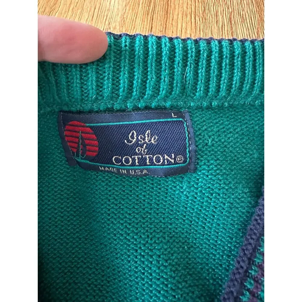 Isle Of Cotton Vintage Green Golfing V Neck Sweater Size Large